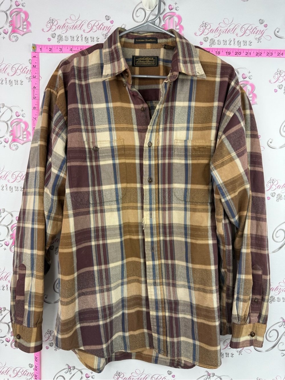 Eddie Bauer long sleeve Sonoma Plaid Flannel Shirt in Mustard, Burgundy & Cream